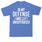 In My Defense I was Left Unsupervised tall t-shirt for men in Heather Royal