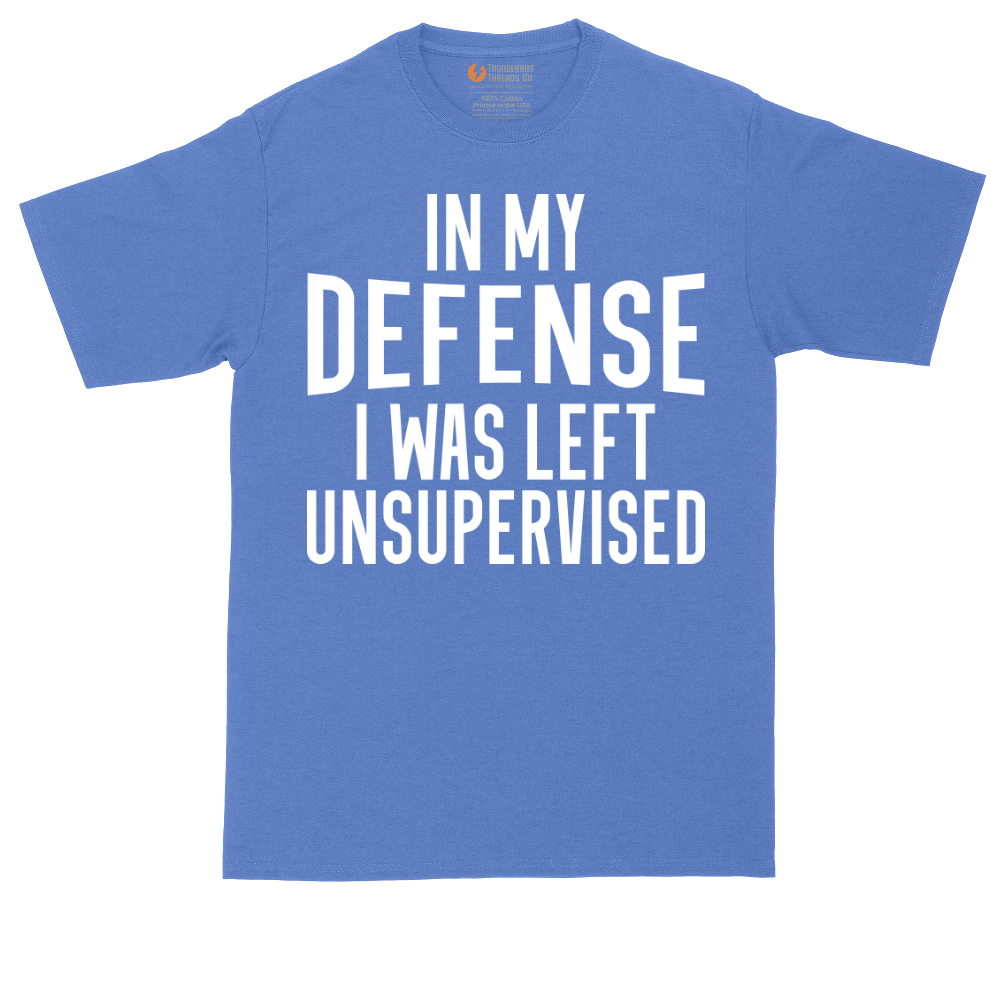 In My Defense I was Left Unsupervised tall t-shirt for men in Heather Royal