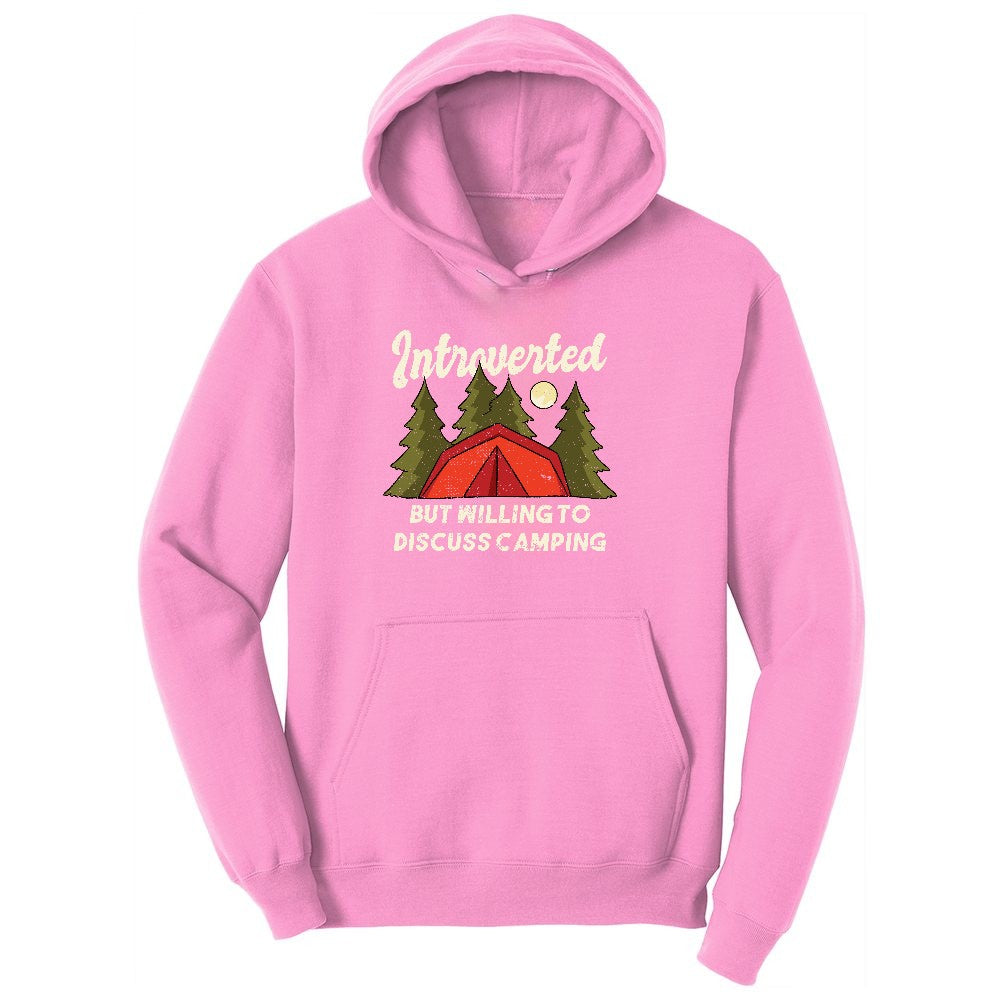 Introverted but Willing to Discuss Camping Youth Hoodie - Candy Pink