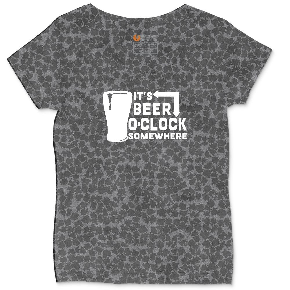 Its Beer OClock Somewhere Ladies Curvy Tee - Black Leopard