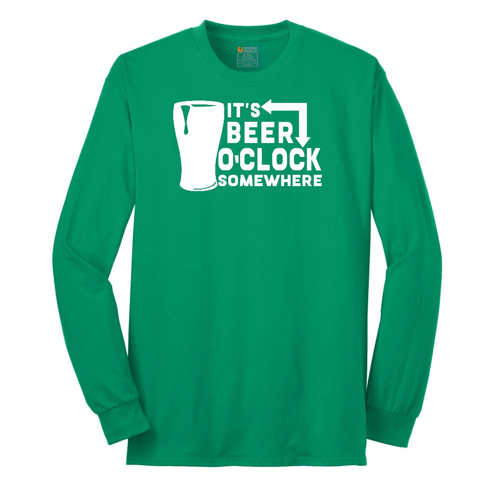 Its Beer OClock Somewhere Long Sleeve Tee - Kelly Green