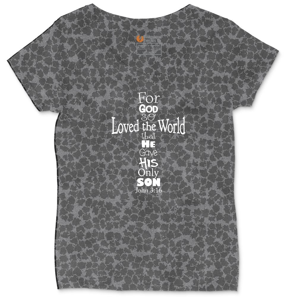 John 3 16 Cross Ladies Curvy Tee - Black Leopard
