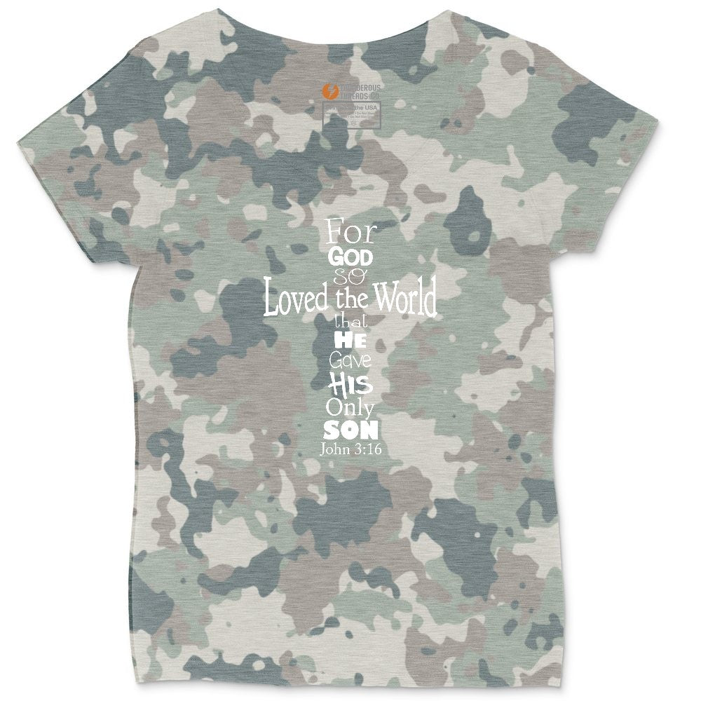 John 3 16 Cross Ladies Curvy Tee - Vintage Camo