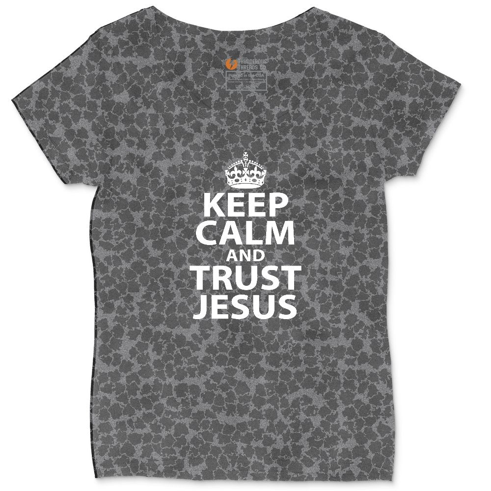 Keep Calm and Trust Jesus Ladies Curvy Tee - Black Leopard