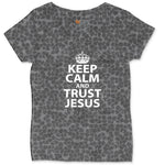 Keep Calm and Trust Jesus Ladies Curvy Tee - Black Leopard