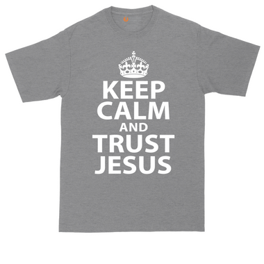 Keep Calm and Trust Jesus tall t-shirt for men in Dark Heather Grey