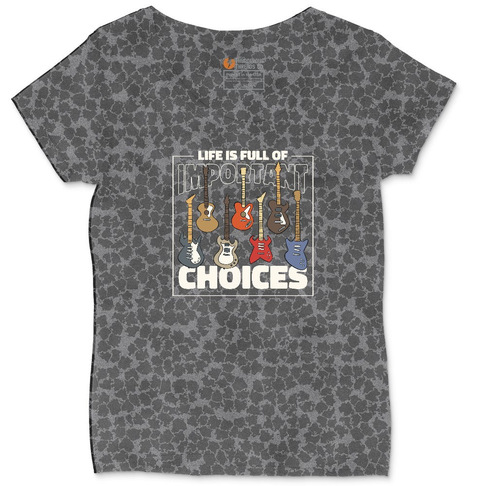 Life if Full of Important Choices Guitar Version Ladies Curvy Tee - Black Leopard