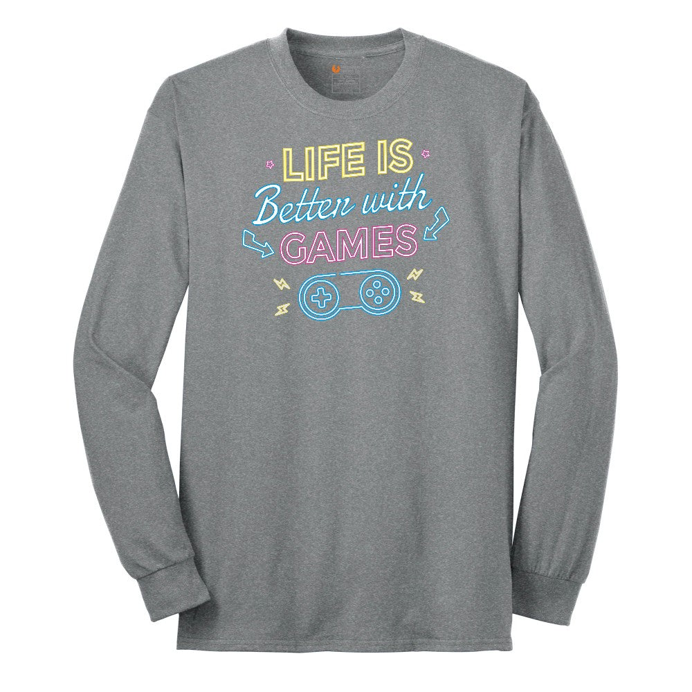 LIfe is Better with Games - Mens & Ladies T-Shirt Long Sleeve Tee - Athletic Grey