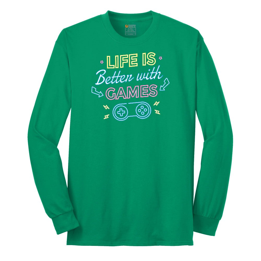 LIfe is Better with Games - Mens & Ladies T-Shirt Long Sleeve Tee - Kelly Green