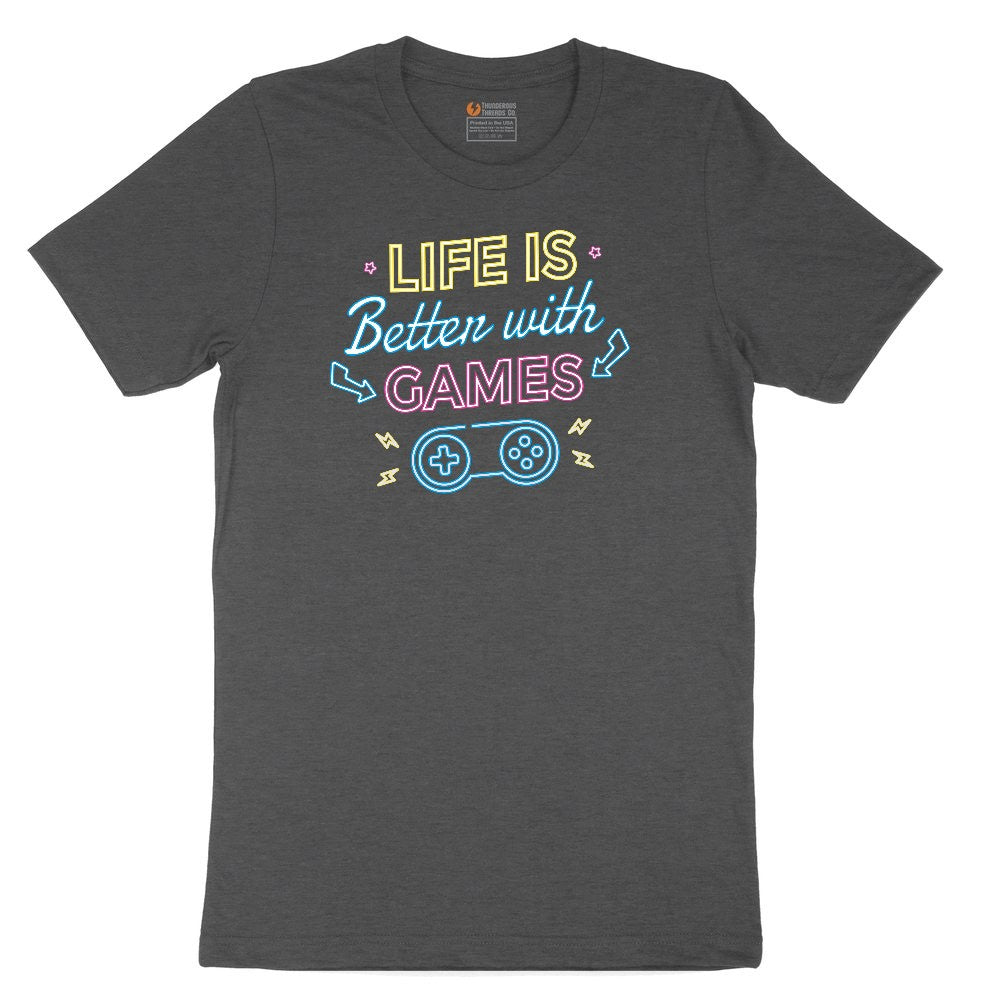 LIfe is Better with Games - Mens & Ladies T-Shirt Youth Short Sleeve Tee - Dark Heather Grey