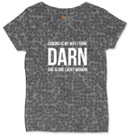 Looking at My Wife I Think Darn She is One Lucky Woman Ladies Curvy Tee - Black Leopard