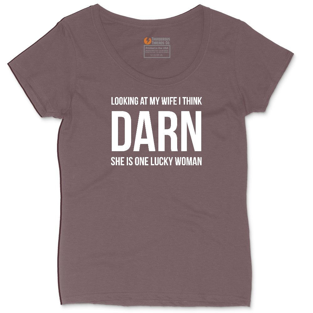 Looking at My Wife I Think Darn She is One Lucky Woman Ladies Curvy Tee - Sangria Blackout