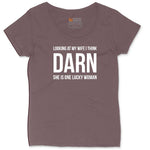 Looking at My Wife I Think Darn She is One Lucky Woman Ladies Curvy Tee - Sangria Blackout