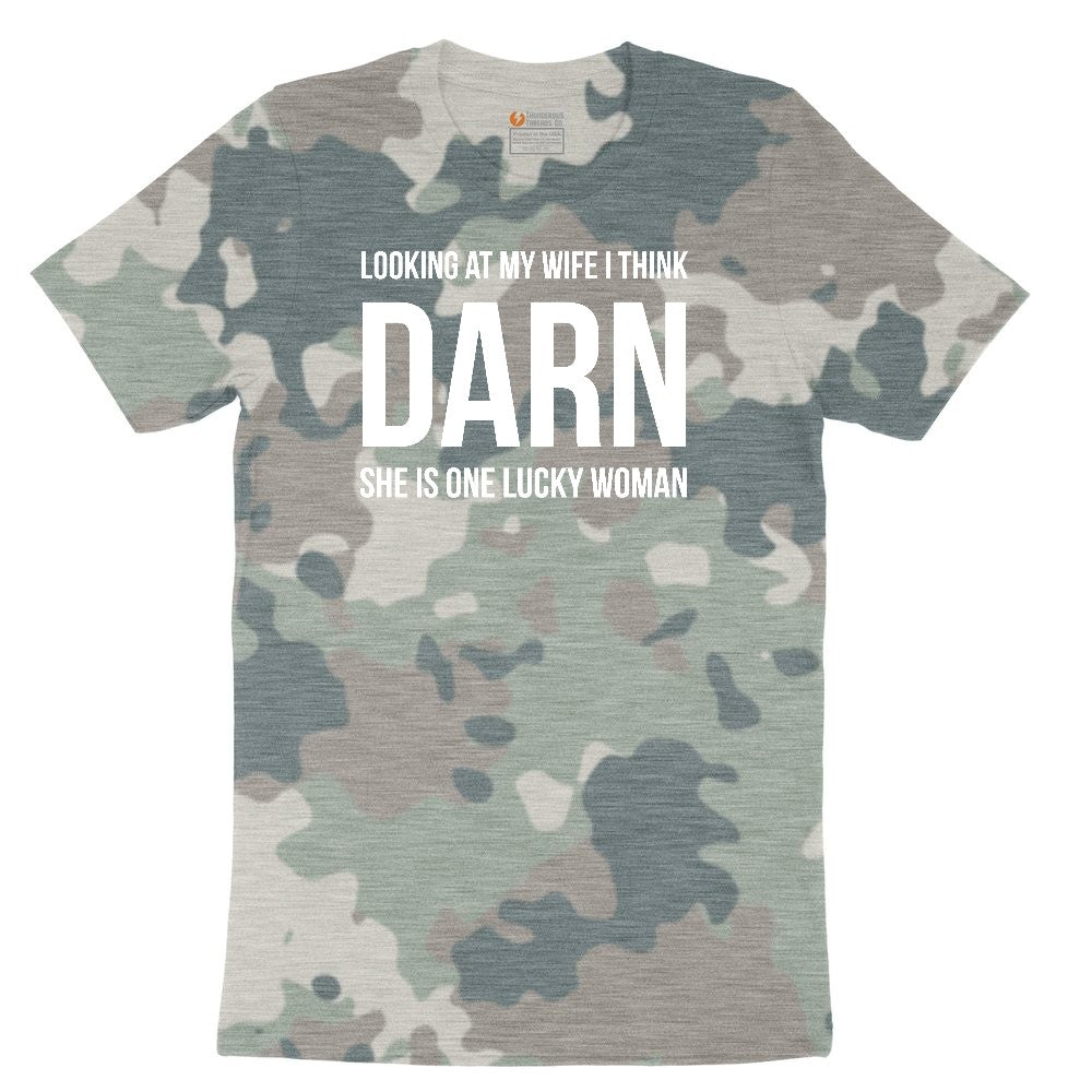 Looking at My Wife I Think Darn She is One Lucky Woman Ladies Short Sleeve Tee - Vintage Camo