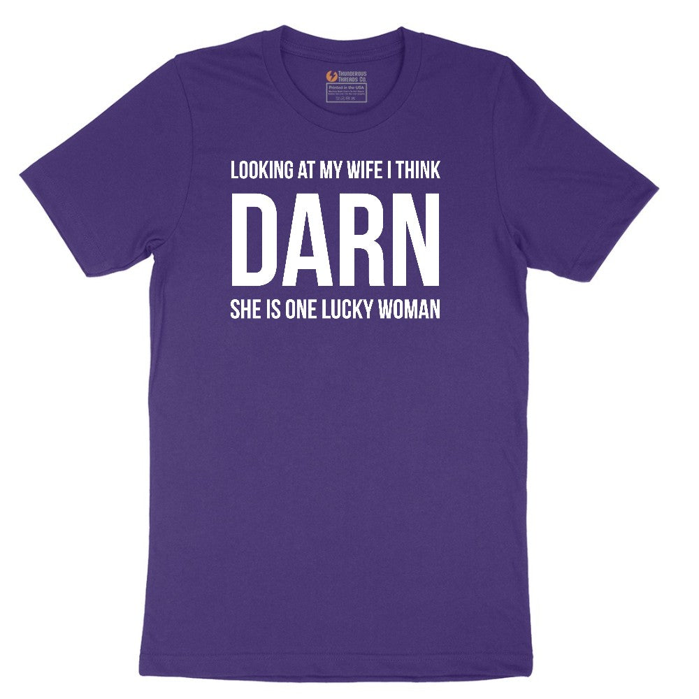 Looking at My Wife I Think Darn She is One Lucky Woman Short Sleeve Tee - Team Purple