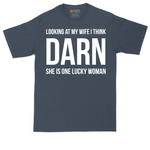Looking at My Wife I Think Darn She is One Lucky Woman tall t-shirt for men in Heather Navy
