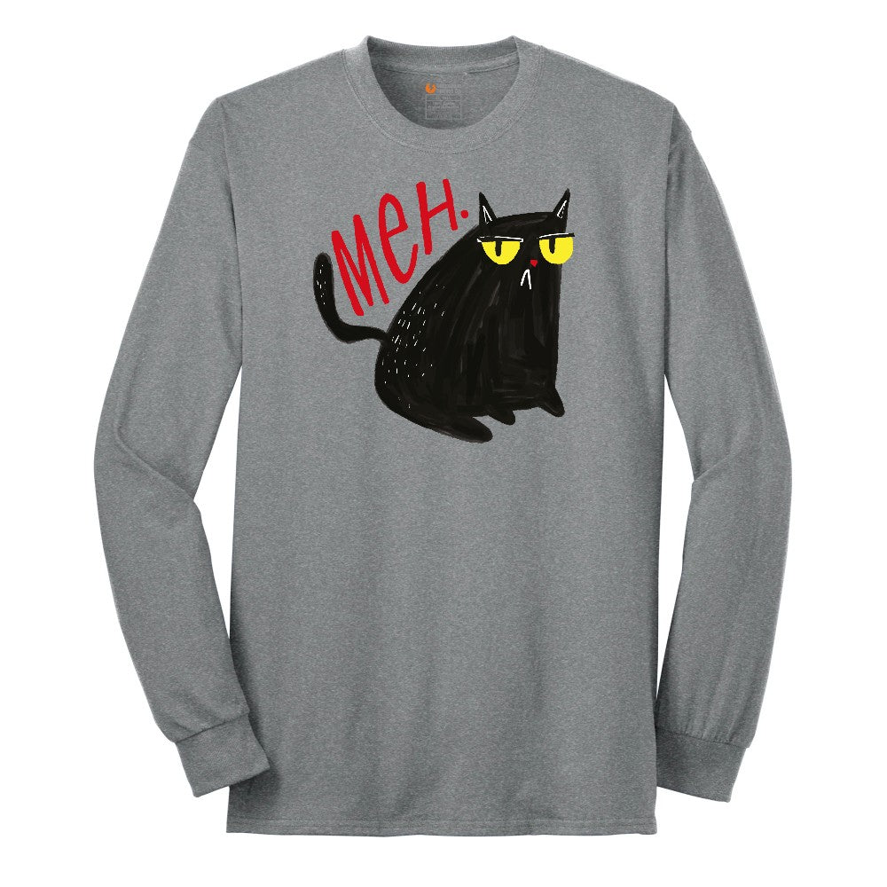 Meh Cat Design Long Sleeve Tee - Athletic Grey