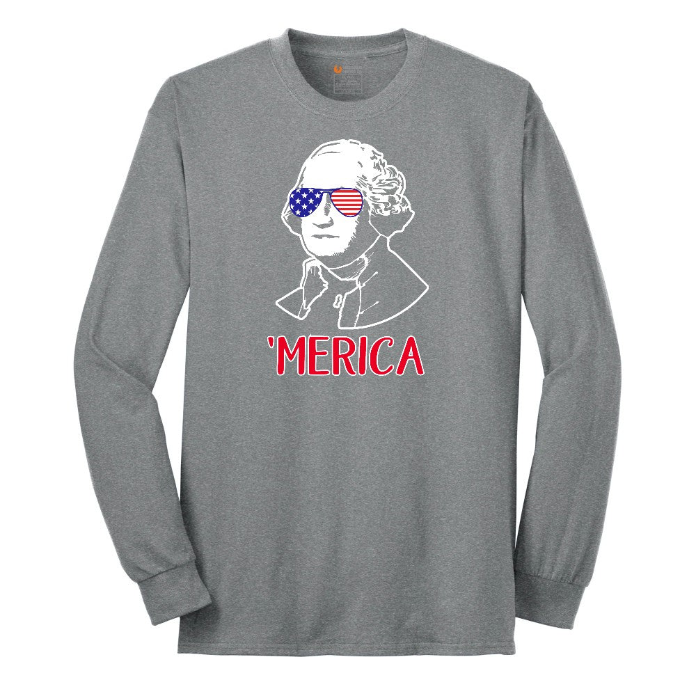 Merica George Washingtong Version Long Sleeve Tee - Athletic Grey