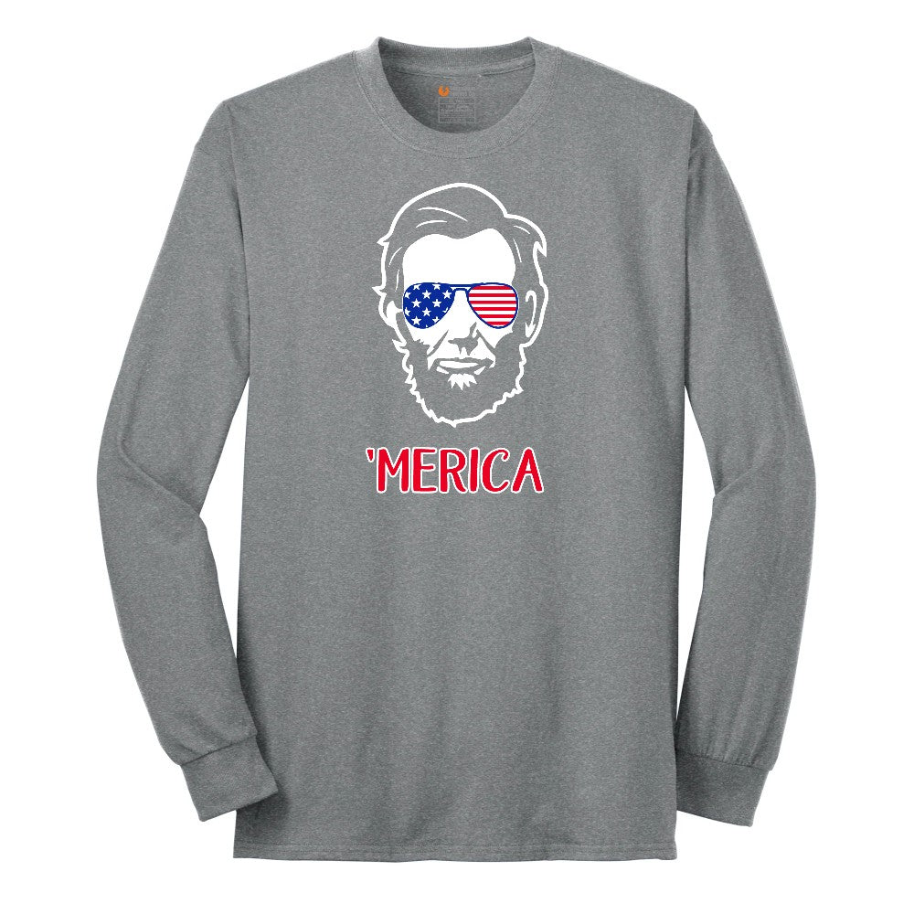 Merica Lincoln Version Long Sleeve Tee - Athletic Grey
