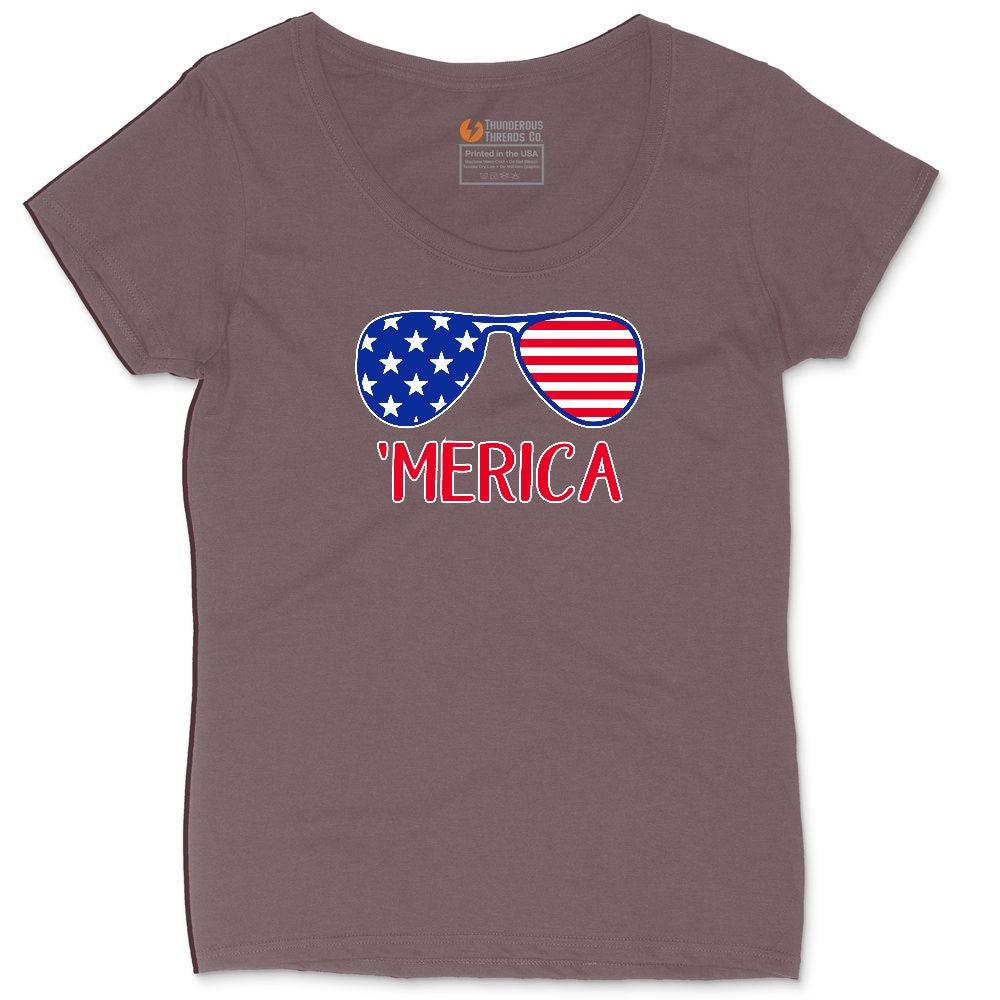 Merica Sunglasses Ladies Curvy Tee - Sangria Blackout