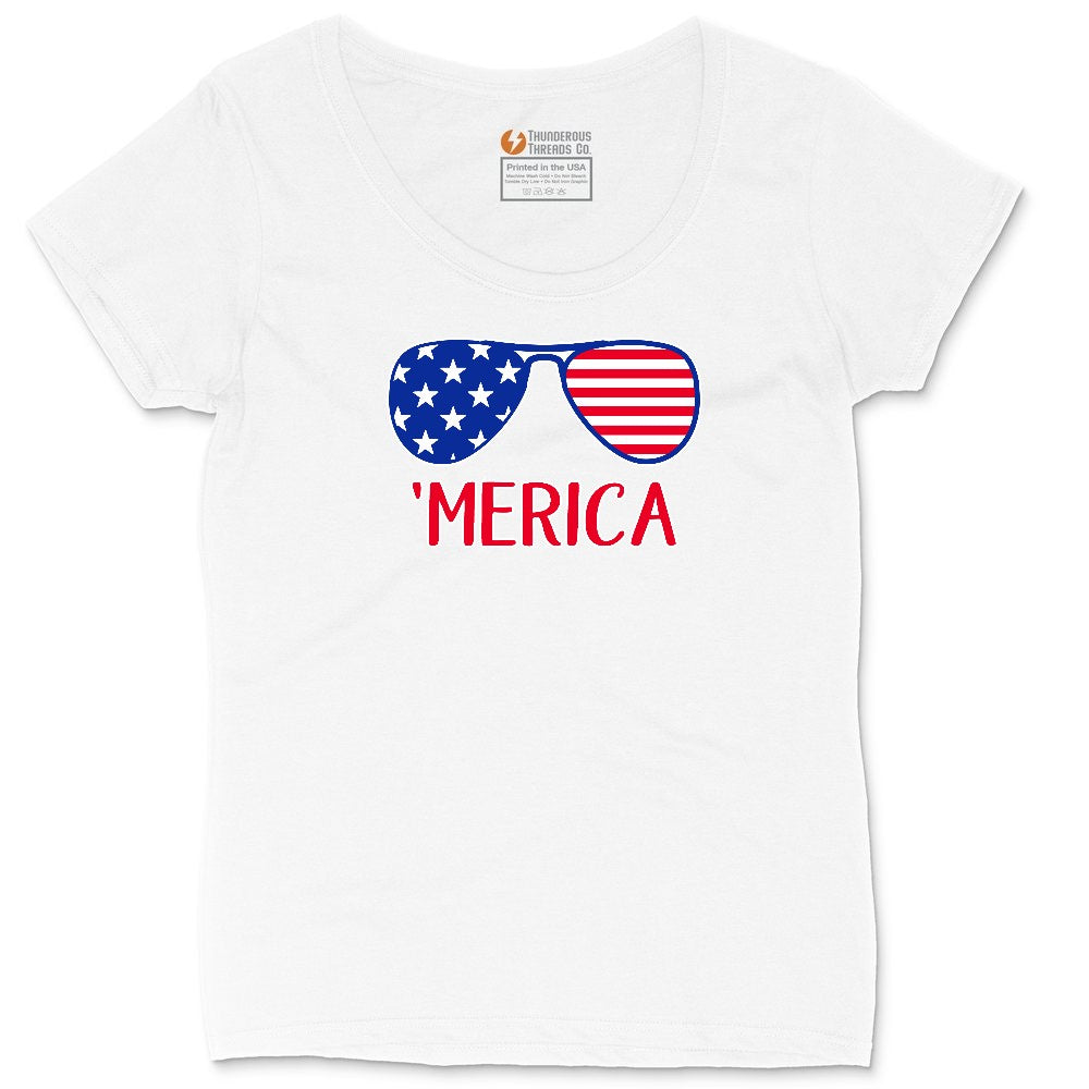 Merica Sunglasses Ladies Curvy Tee - White