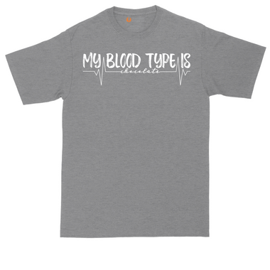 My Blood Type is Chocolate tall t-shirt for men in Dark Heather Grey