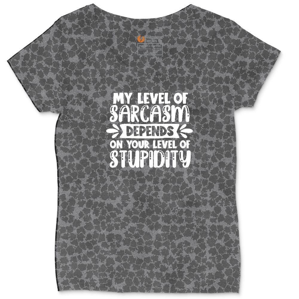 My Level of Sarcasm Depends on Your Level of Stupidity Ladies Curvy Tee - Black Leopard