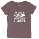 My Level of Sarcasm Depends on Your Level of Stupidity Ladies Curvy Tee - Sangria Blackout