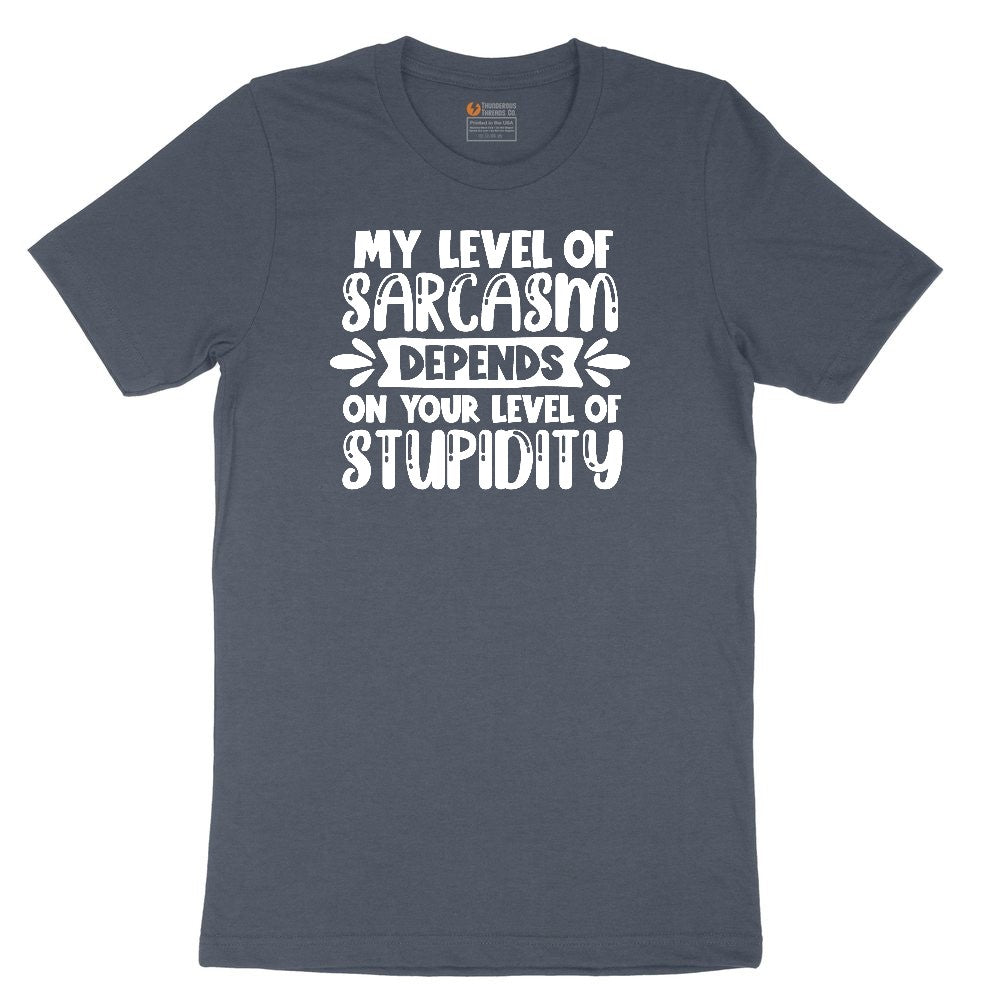 My Level of Sarcasm Depends on Your Level of Stupidity Youth Short Sleeve Tee - Heather Navy