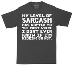 My Level of Sarcasm tall t-shirt for men in Dark Heather Grey
