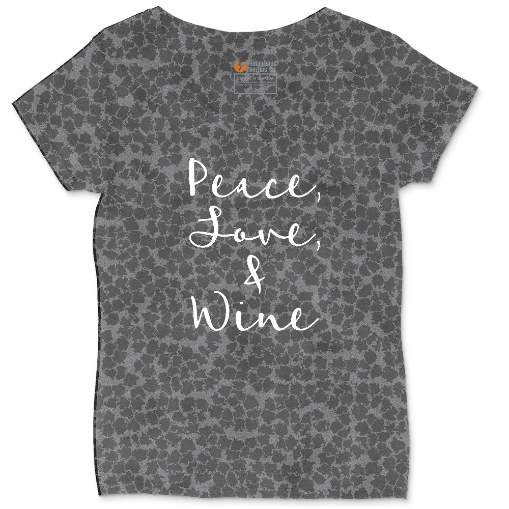 Peace Love and Wine Ladies Curvy Tee - Black Leopard