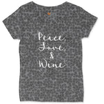 Peace Love and Wine Ladies Curvy Tee - Black Leopard