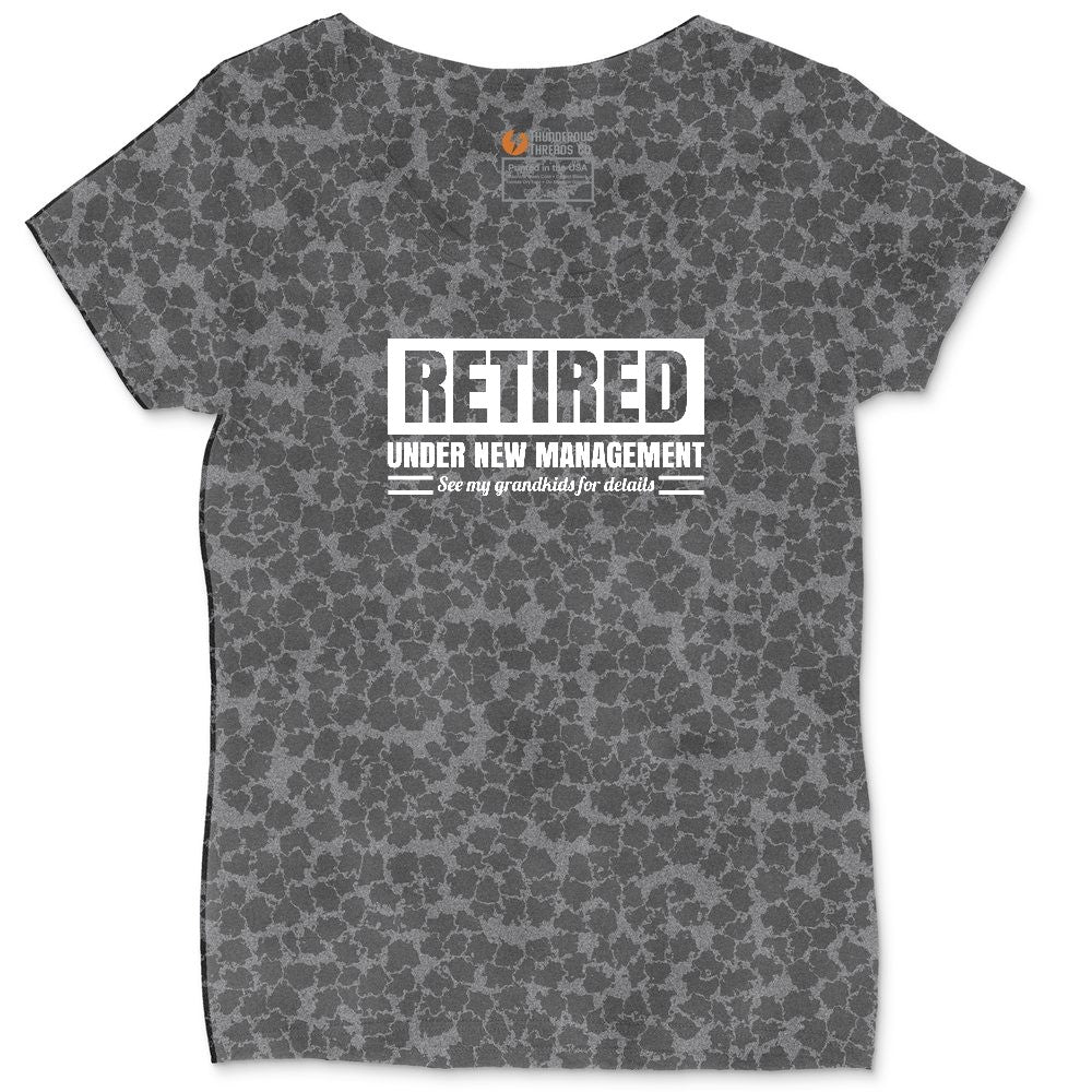 Retired Under New Management See My Grandkids for Details Ladies Curvy Tee - Black Leopard