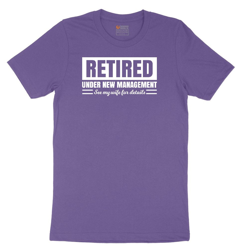 Retired Under New Management See My Wife for Details Ladies Short Sleeve Tee - Vintage Purple