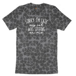 Sorry I'm Late My Cat was Sitting on Me Ladies Short Sleeve Tee - Black Leopard