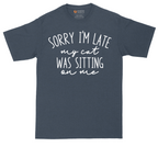 Sorry I'm Late My Cat was Sitting on Me tall t-shirt for men in Heather Navy