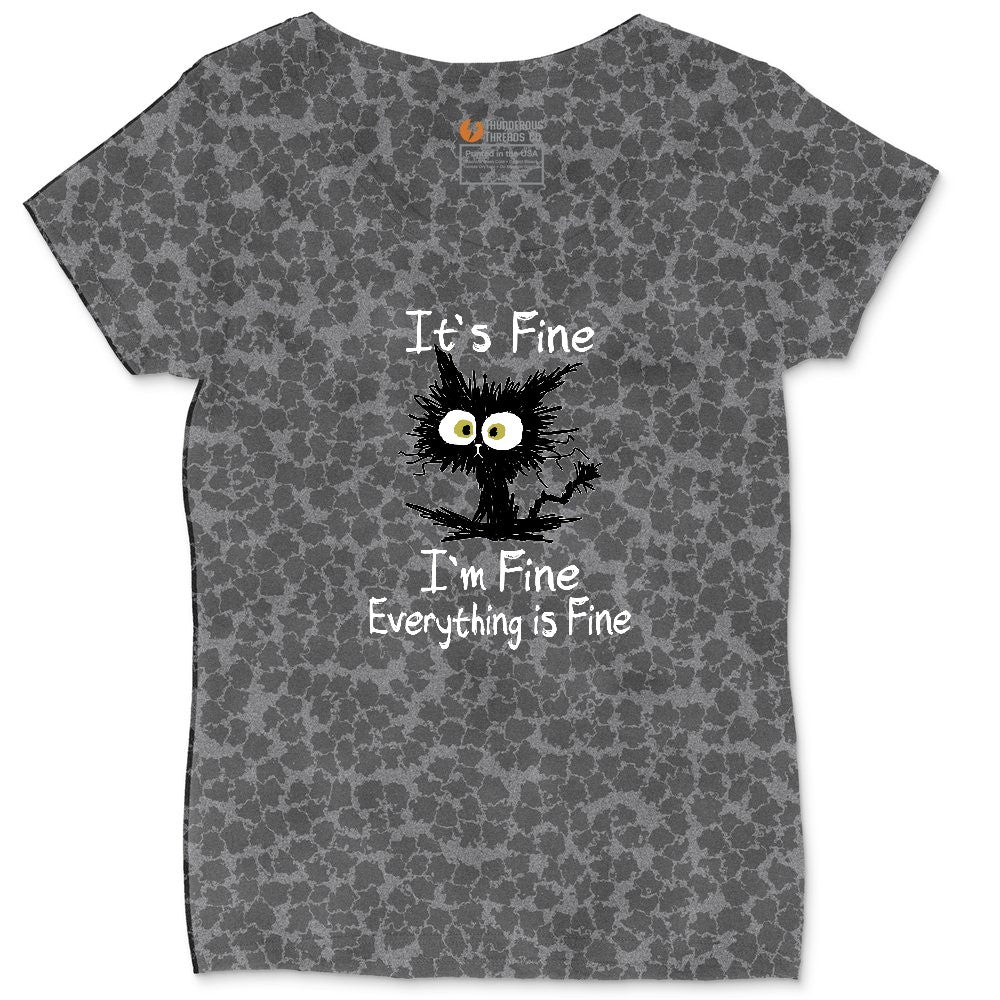 Stressed Cat Everything is Fine Ladies Curvy Tee - Black Leopard