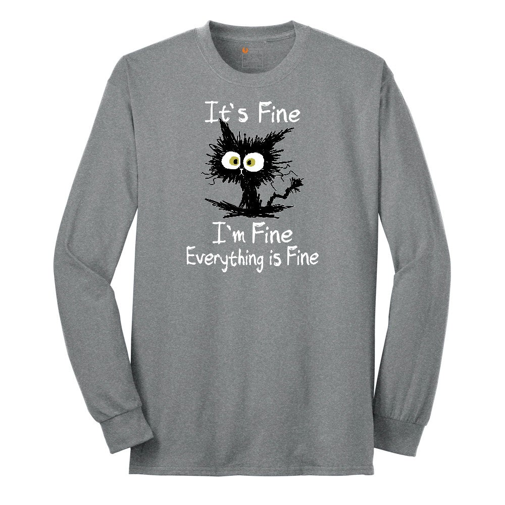 Stressed Cat Everything is Fine Long Sleeve Tee - Athletic Grey