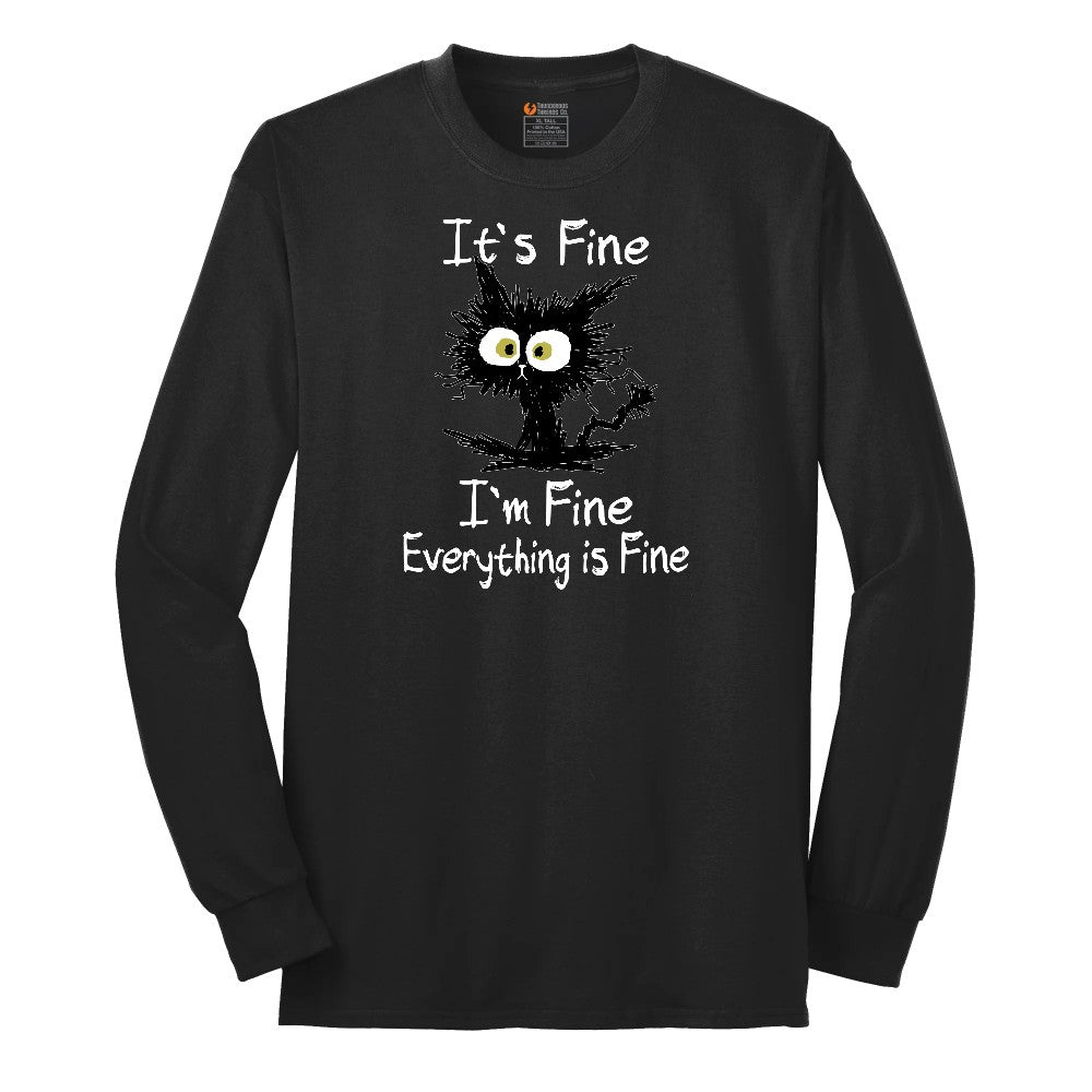 Stressed Cat Everything is Fine Long Sleeve Tee - Jet Black