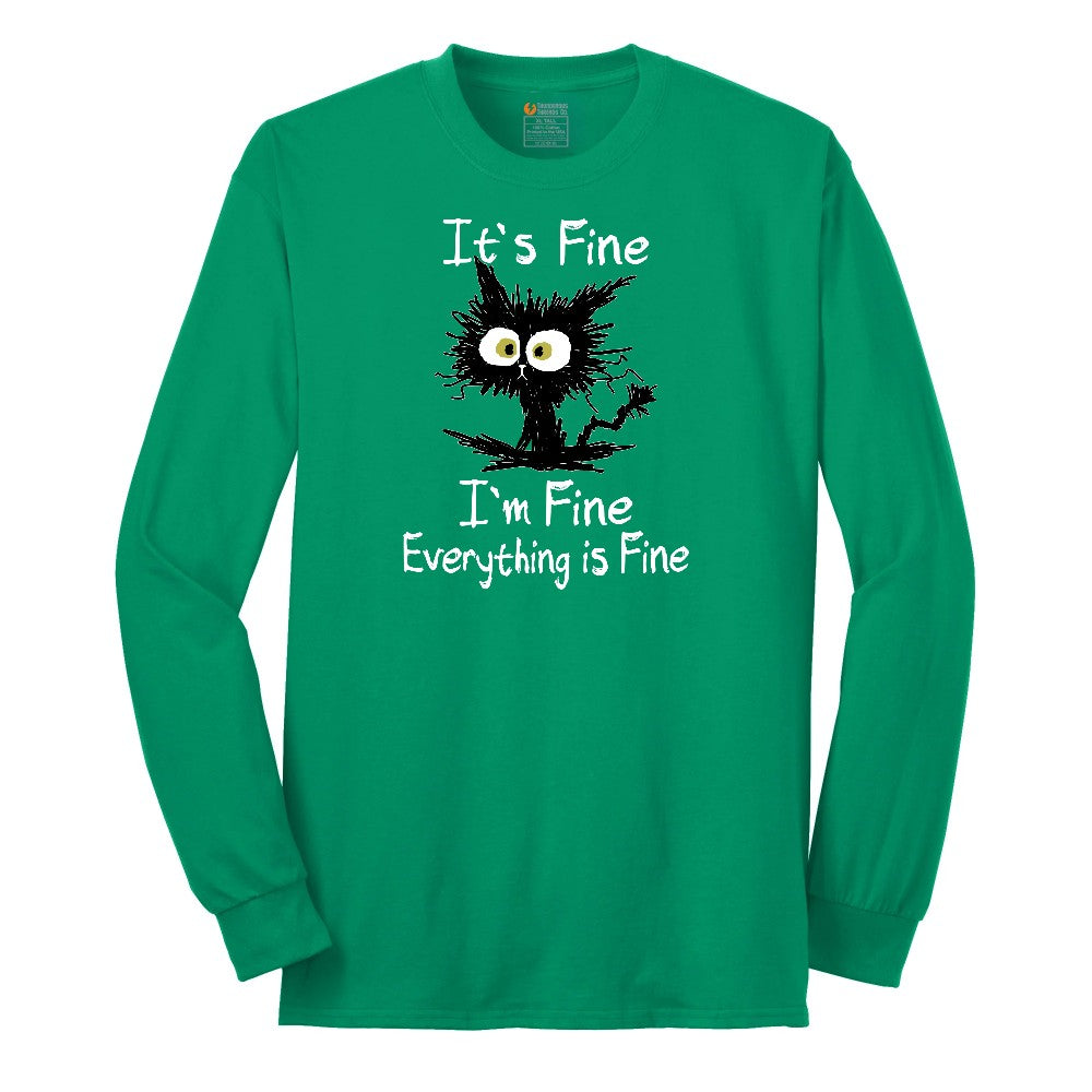 Stressed Cat Everything is Fine Long Sleeve Tee - Kelly Green