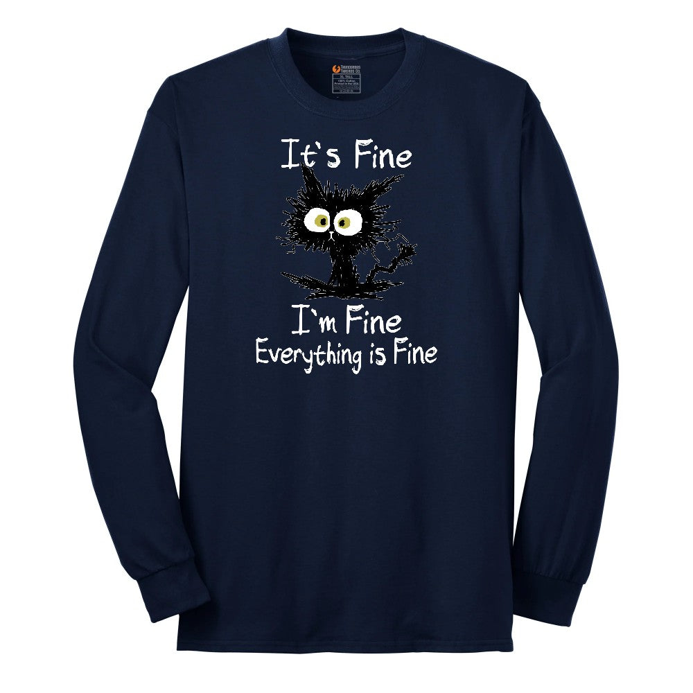 Stressed Cat Everything is Fine Long Sleeve Tee - Navy