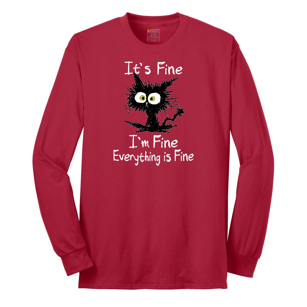 Stressed Cat Everything is Fine Long Sleeve Tee - Red