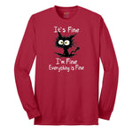Stressed Cat Everything is Fine Long Sleeve Tee - Red