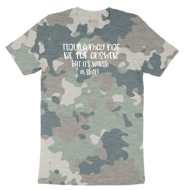 Tequila May Not be the Answer but Its Worth a Shot Ladies Short Sleeve Tee - Vintage Camo