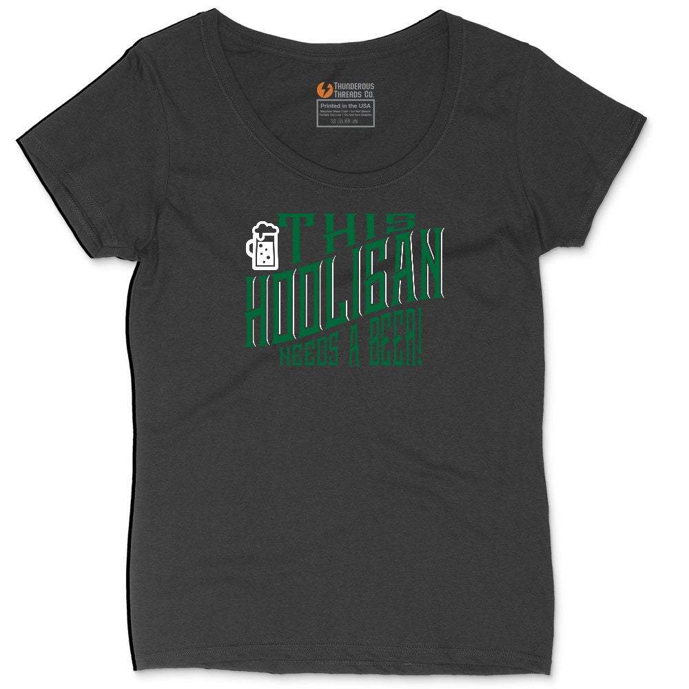 This Hooligan Needs a Beer Ladies Curvy Tee - Black