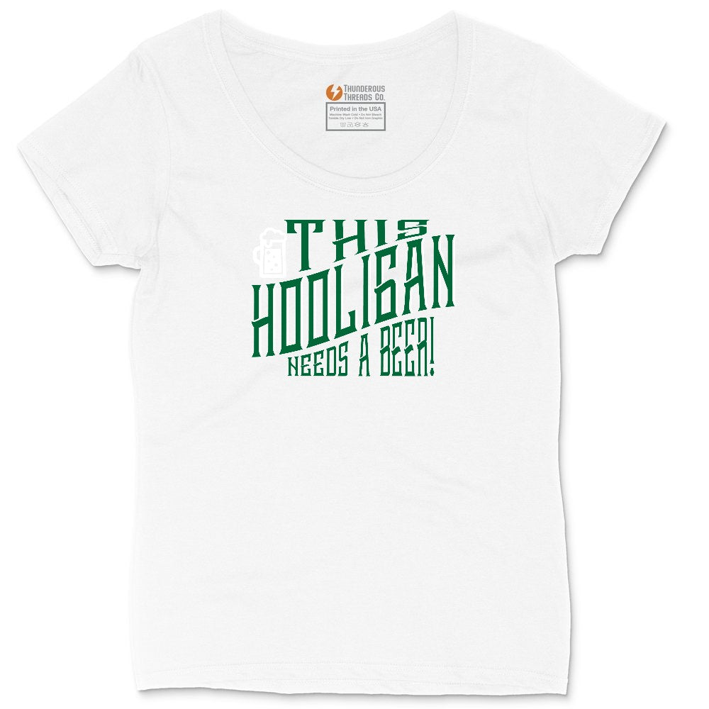 This Hooligan Needs a Beer Ladies Curvy Tee - White