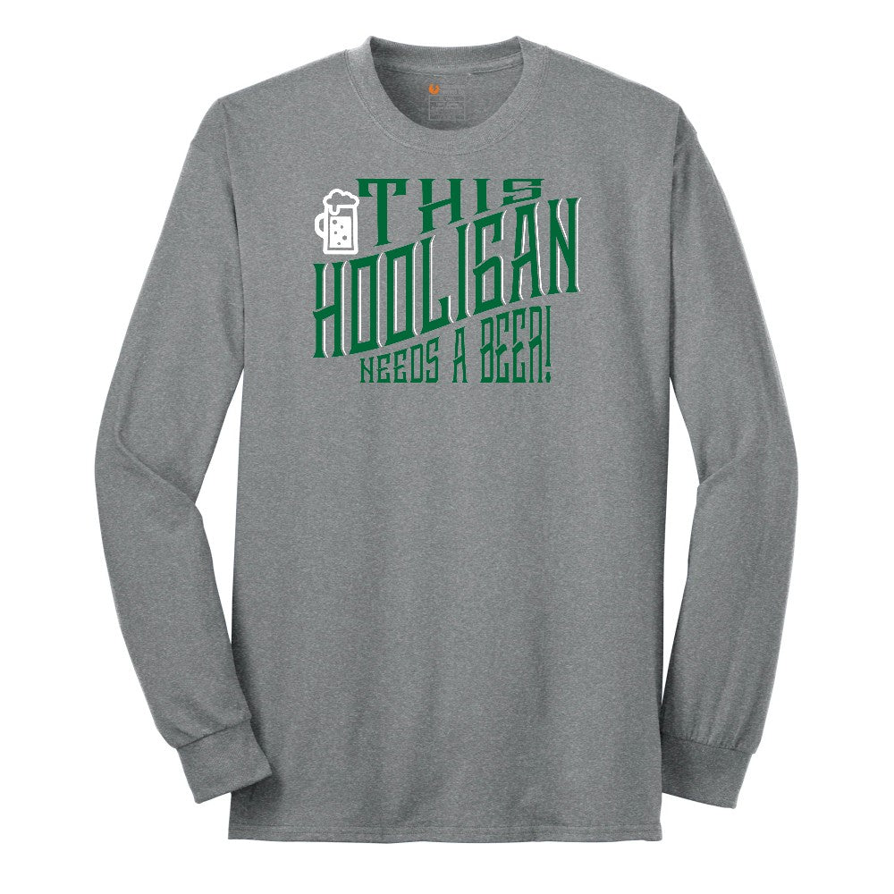 This Hooligan Needs a Beer Long Sleeve Tee - Athletic Grey