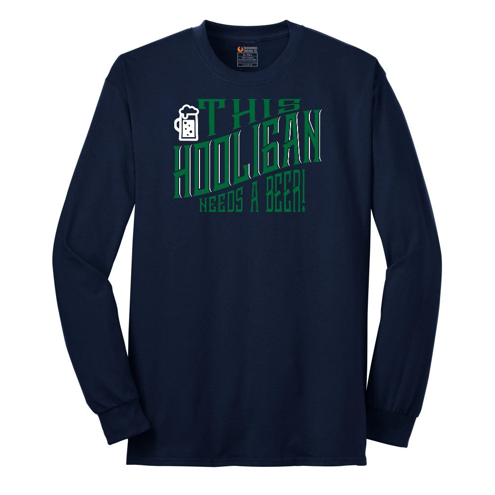 This Hooligan Needs a Beer Long Sleeve Tee - Navy