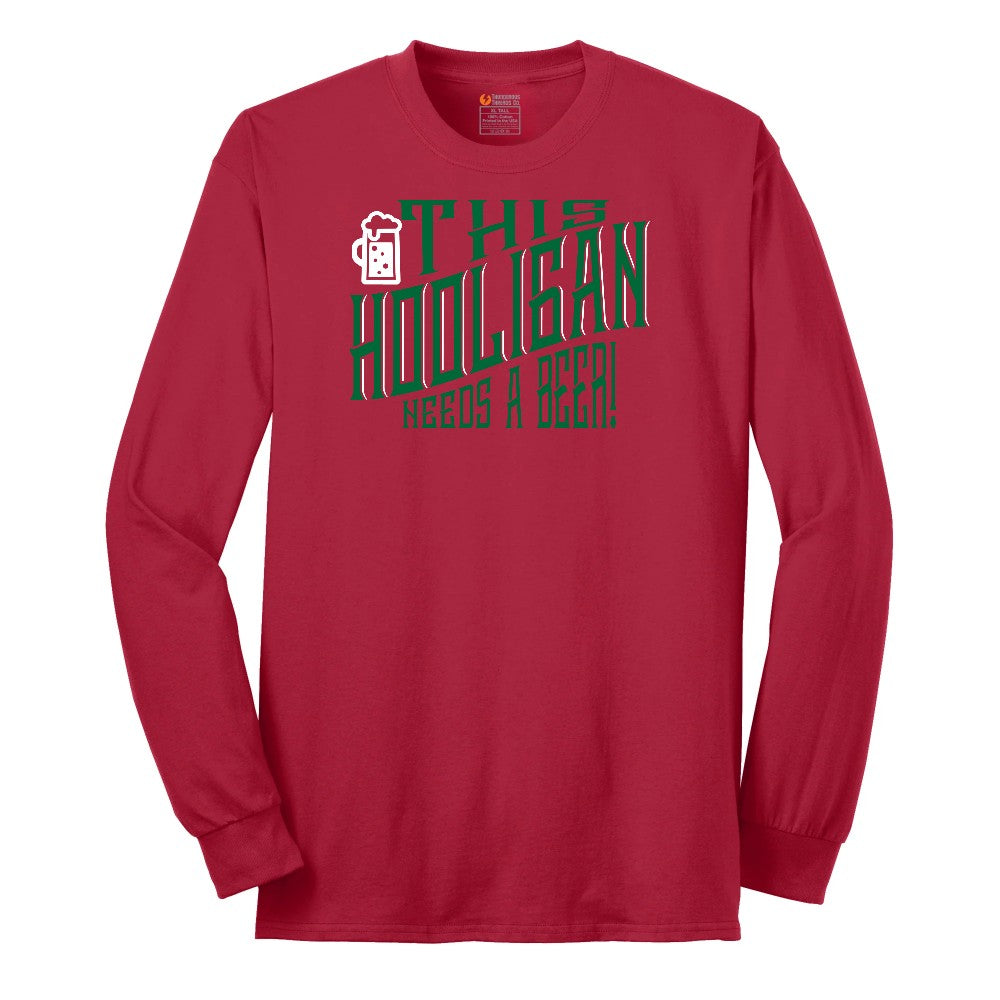 This Hooligan Needs a Beer Long Sleeve Tee - Red