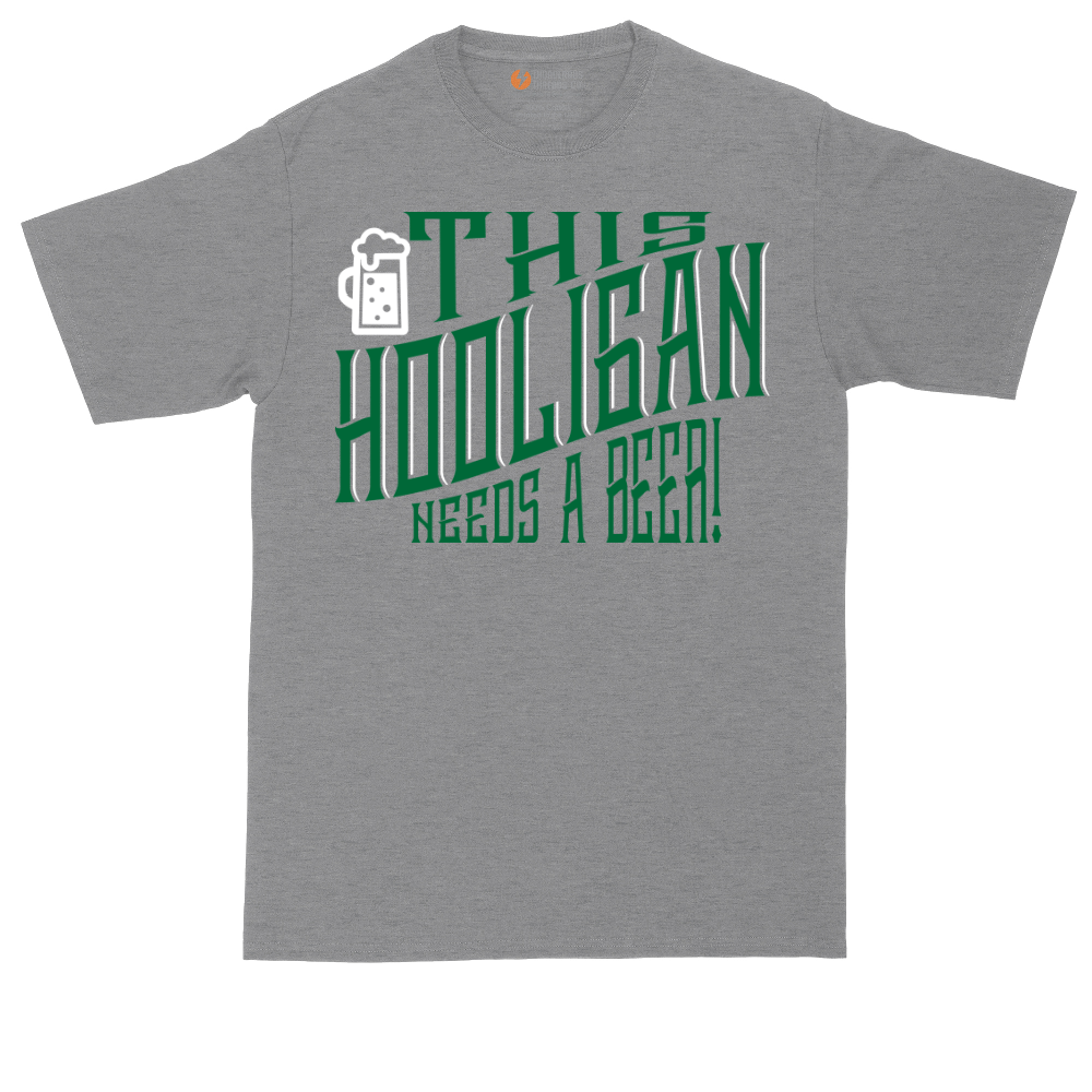 This Hooligan Needs a Beer tall t-shirt for men in Athletic Heather